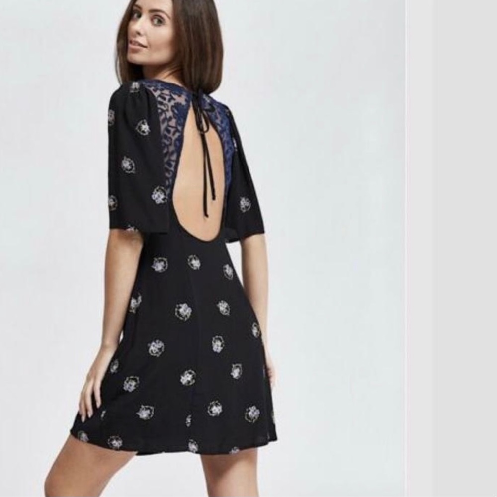Free People NWT Black Floral Open Back Mini Dress
